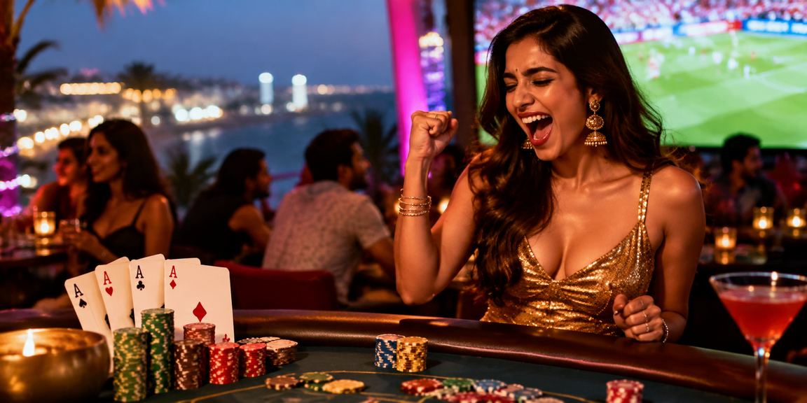 Player enjoying Teen Patti on the Goa beach with cards and chips