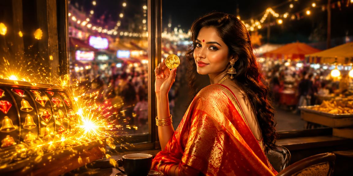 Indian woman playing slot game with enthusiasm in saree